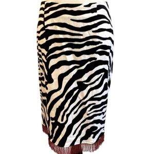 HUGO BUSCATI COLLECTION ZEBRA PRINT SKIRT WITH RED BEADED FRINGE VINTAGE SZ 8